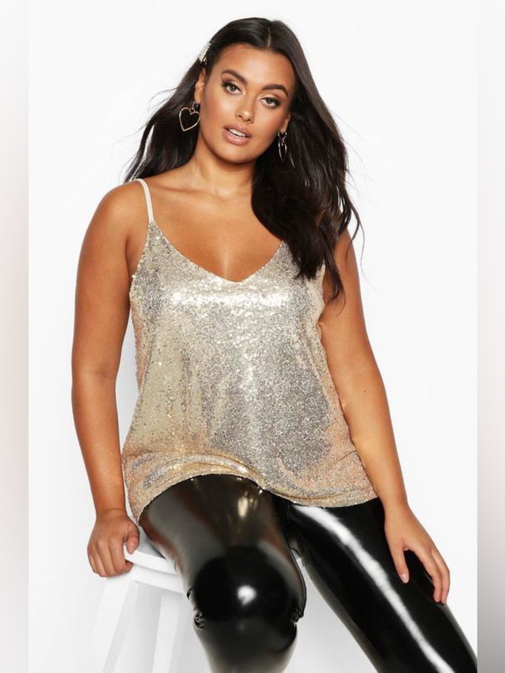 Boohoo Champagne Gold Sequin V-Neck Cami Top- NWT